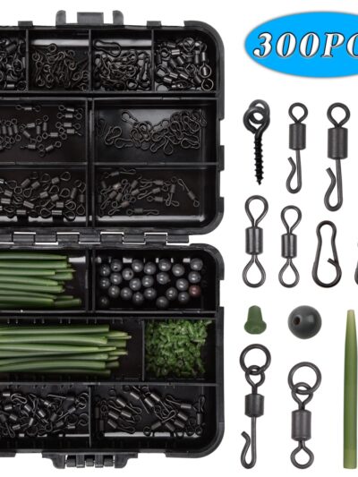 300Pcs/Box Fishing Tackle Kit Including Anti Tangle Sleeves Hook Stop Beads Boilie Bait Screw Rolling Swivel Snaps